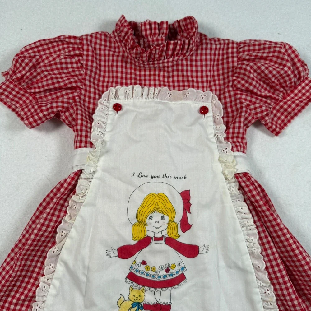 Vintage Sakowitz Girls Red Gingham Apron Dress I Love You This Much 4T Eyelet